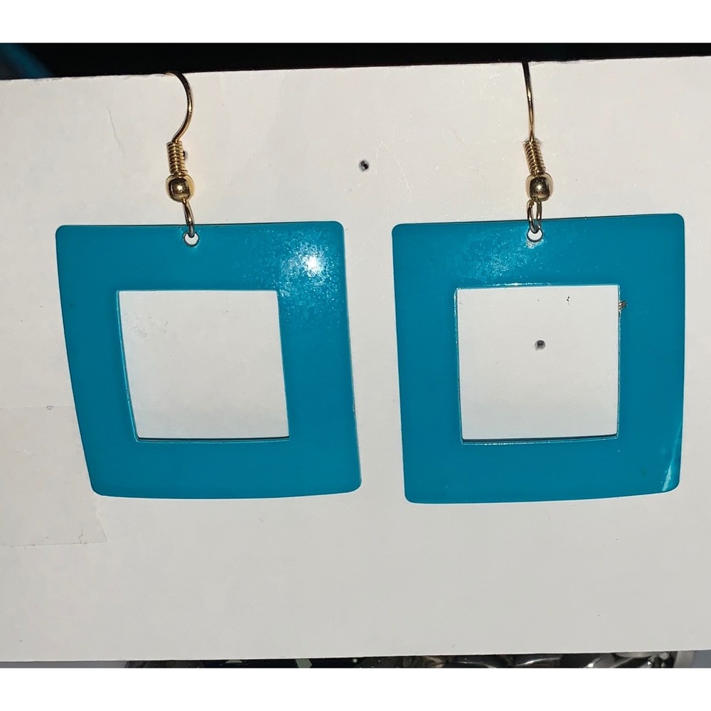 Turquoise Blue Enamel Square Drop Earrings Gold Tone Geometric Dangle Jewelry